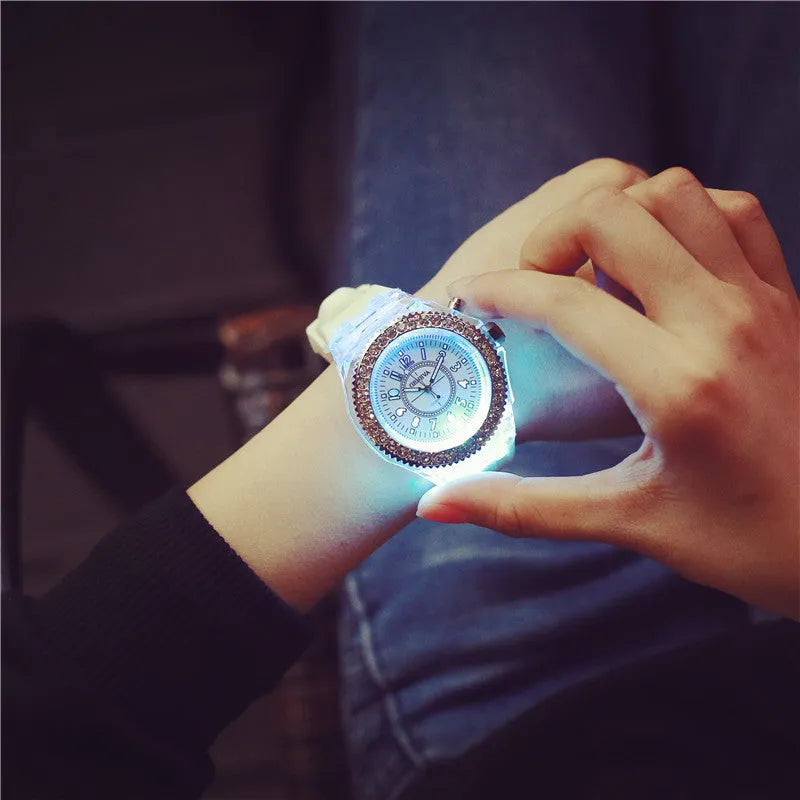 Women's LED luminous quartz watch with round 43mm dial on a silicone strap