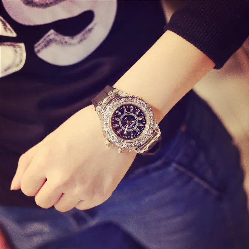 Women's LED luminous quartz watch with round 43mm dial on a silicone strap