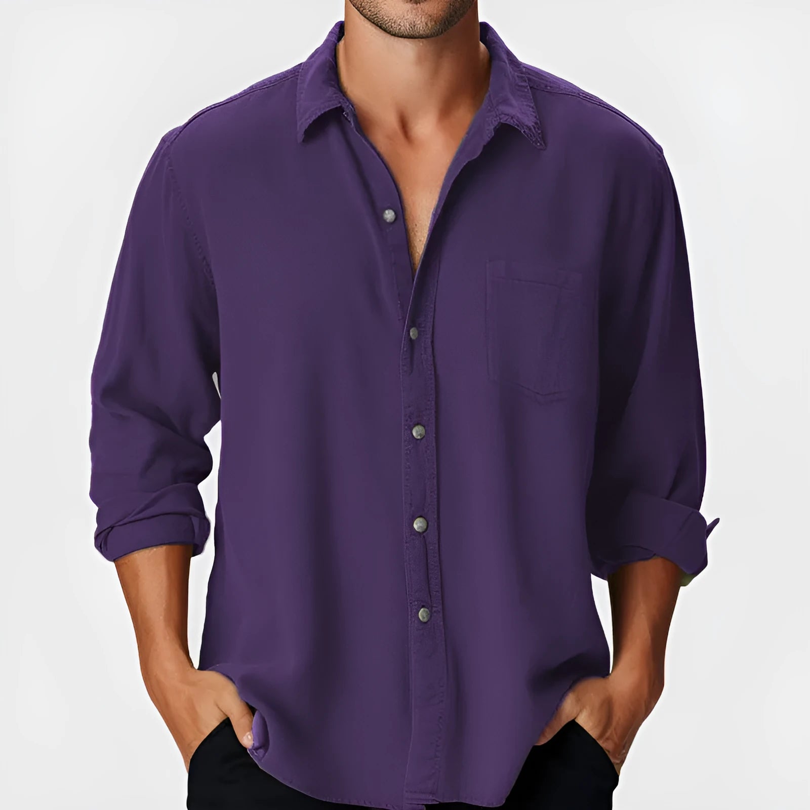 Men's loose fit polyester beach shirt with stand collar and long sleeves on a hanger.