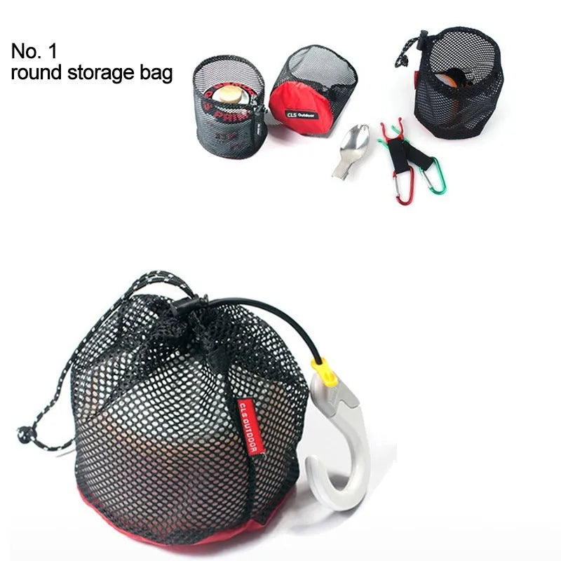 Red outdoor travel storage bag set with 5 pieces showing mesh panels and zipper closures