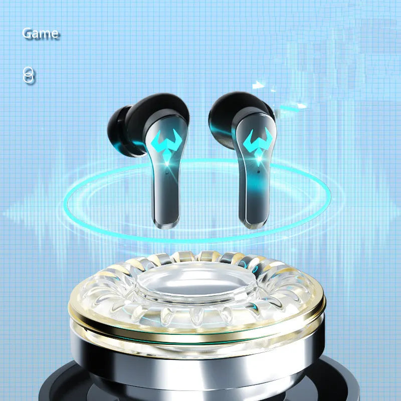Black wireless Bluetooth stereo gaming headset with in-ear design for sports use