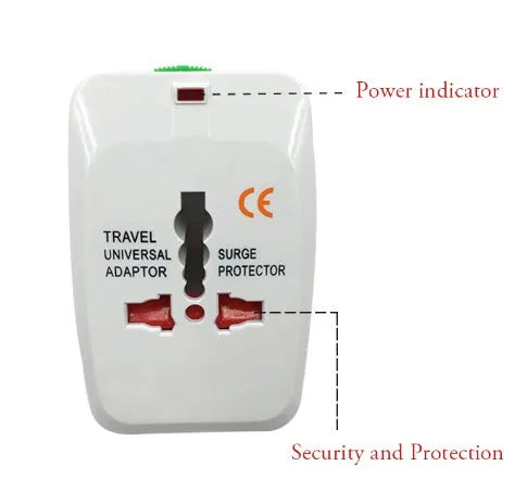 Universal travel plug converter unit showing 73x50x39mm compact dimensions and international plug compatibility