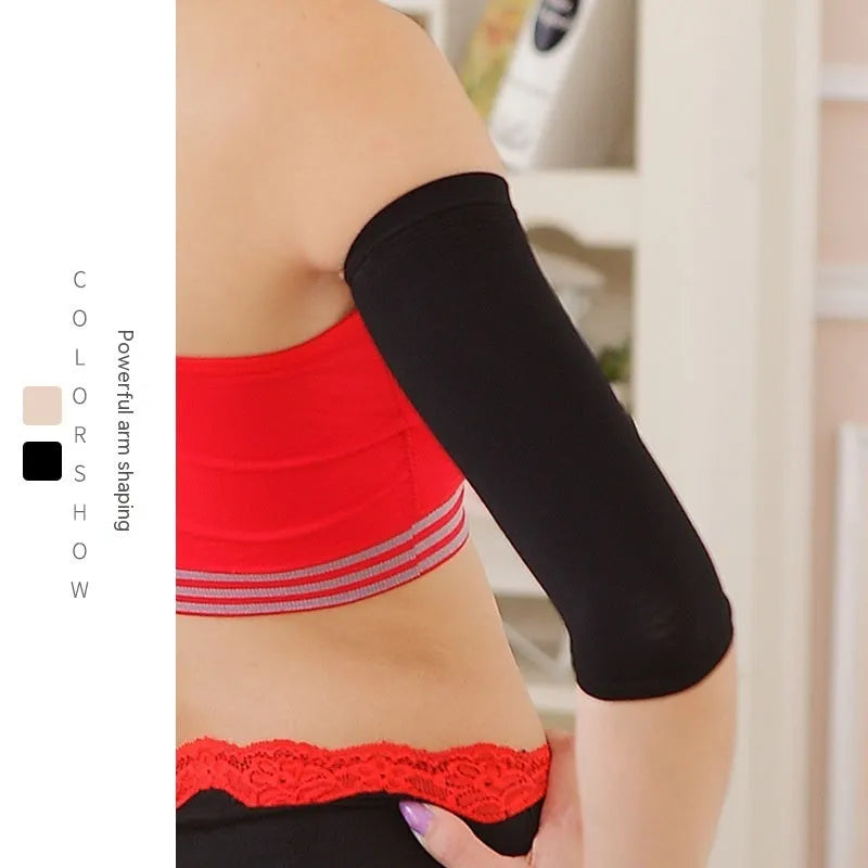 Women's black and skin colour nylon arm shaping sleeves for compression and toning