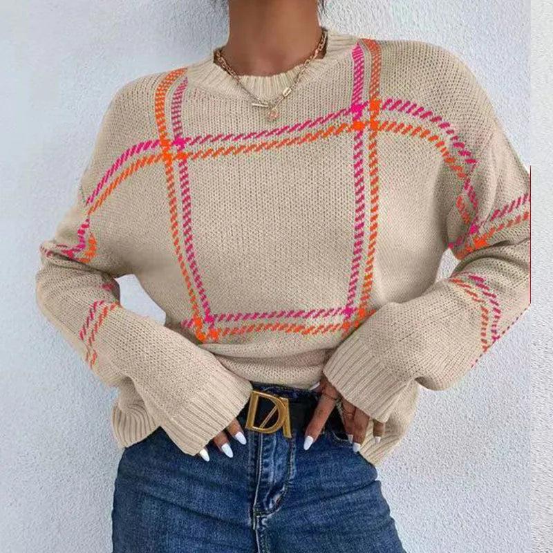 Women's loose fit acrylic sweater with plaid colour-block pattern in apricot black beige stripes red green colours