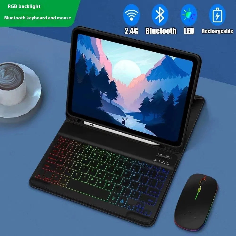 iPad leather protective case with built-in luminous RGB backlit Bluetooth keyboard and optional mouse in various colours.