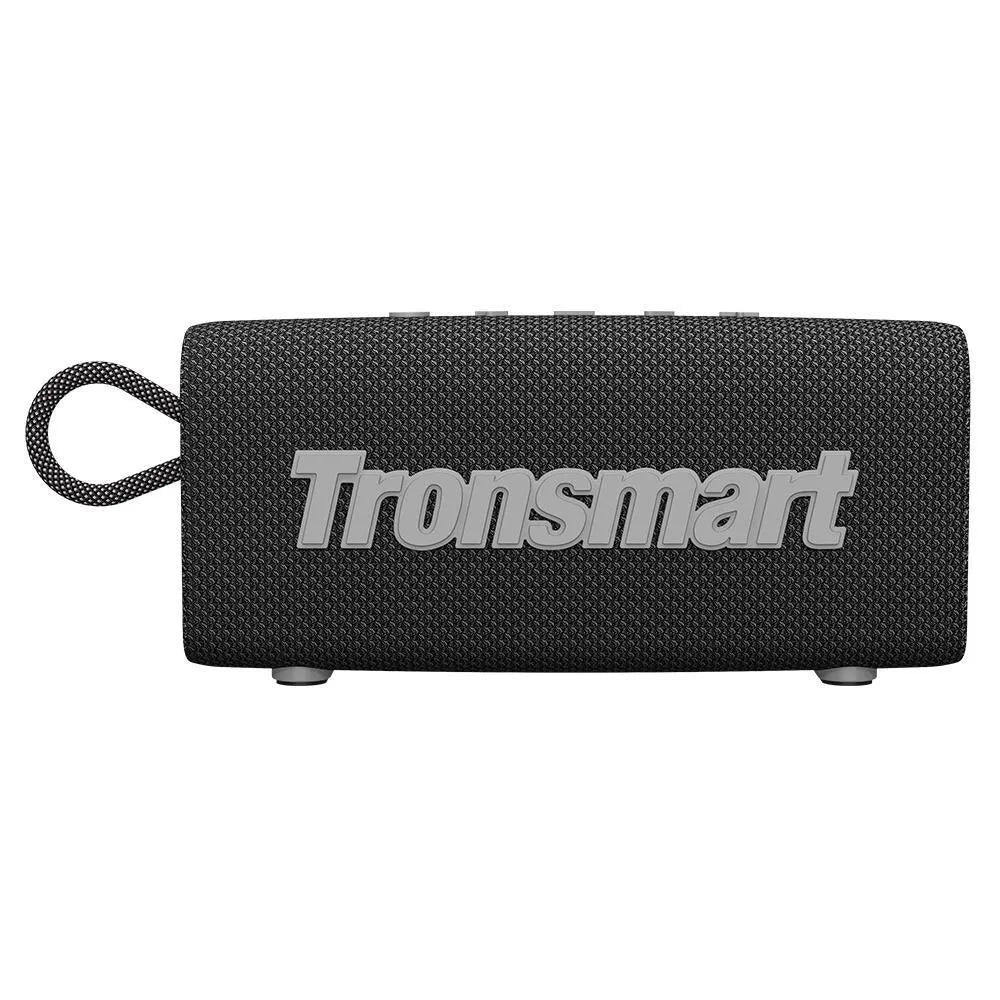 Portable waterproof Bluetooth speaker in black showing control buttons and rugged outdoor design
