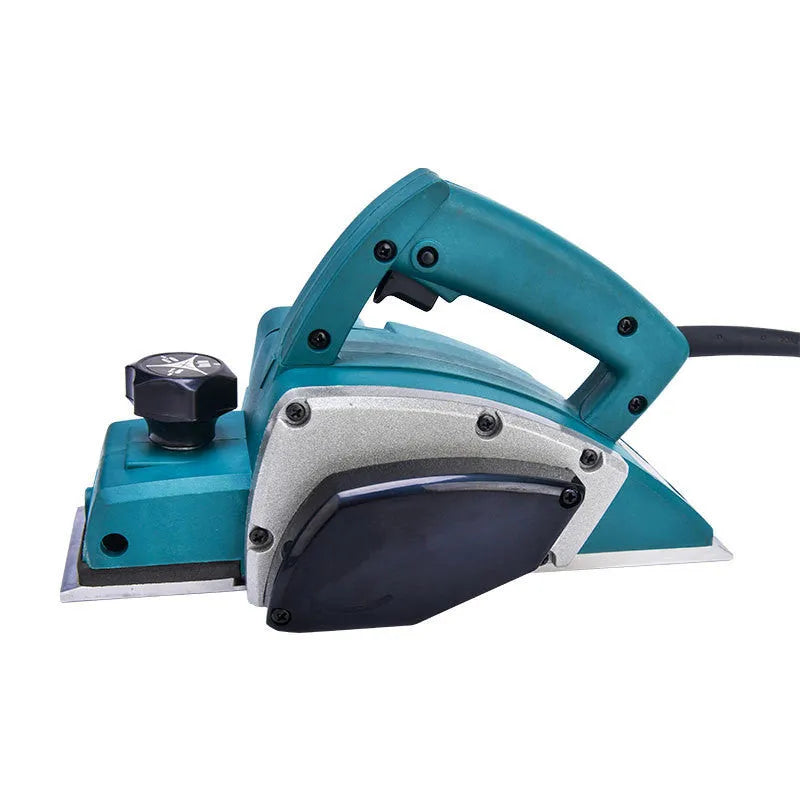 Red electric wood planer with aluminium housing showing 82mm planing width and power specifications