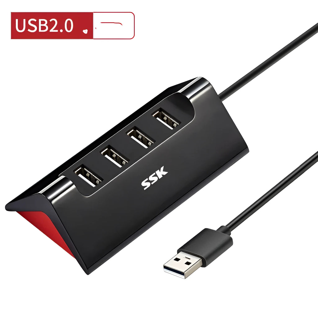 Black USB expansion dock with four ports and Micro USB connection in compact ABS housing