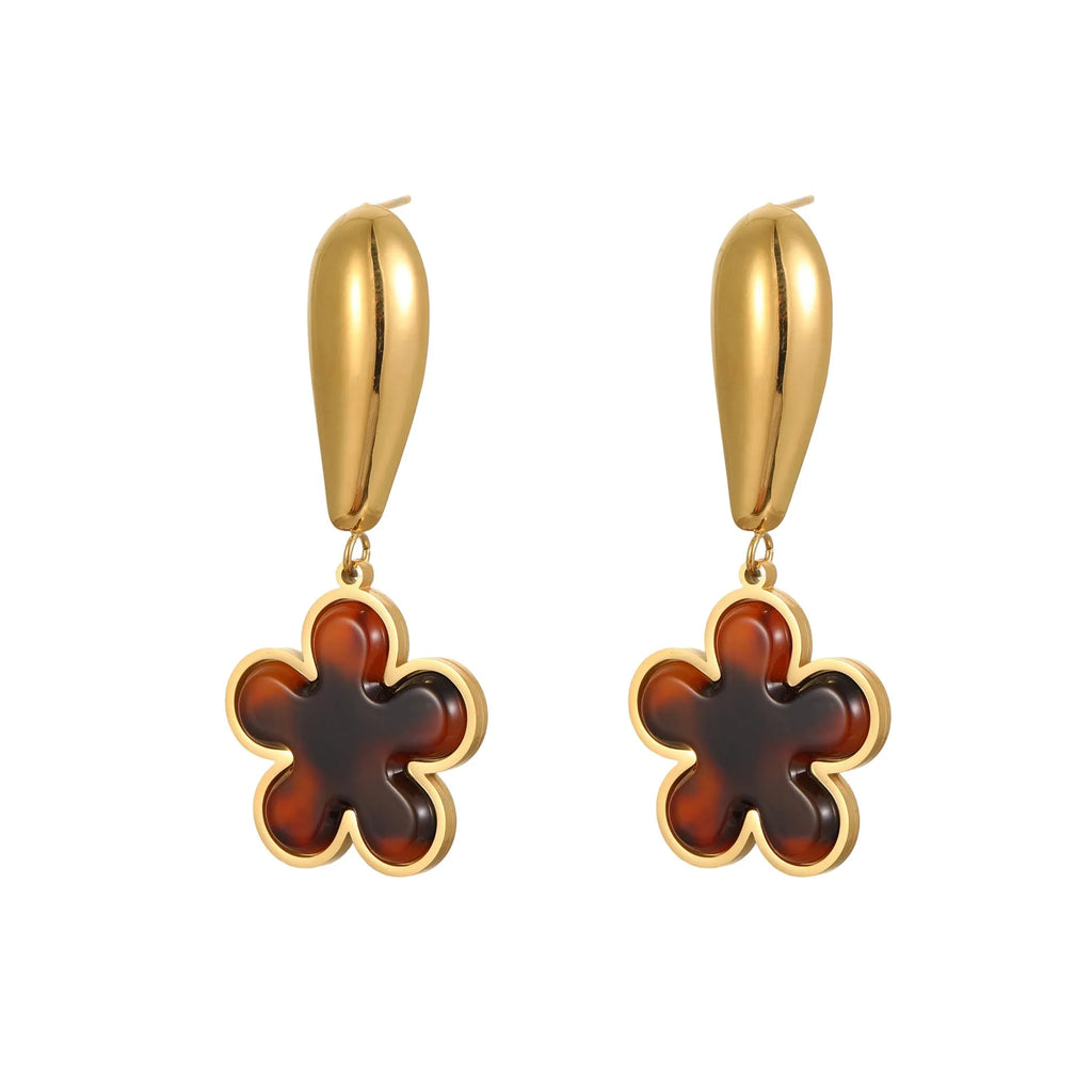 Women's tortoiseshell resin finish earrings with heart or flower designs in 18K gold electroplated stainless steel