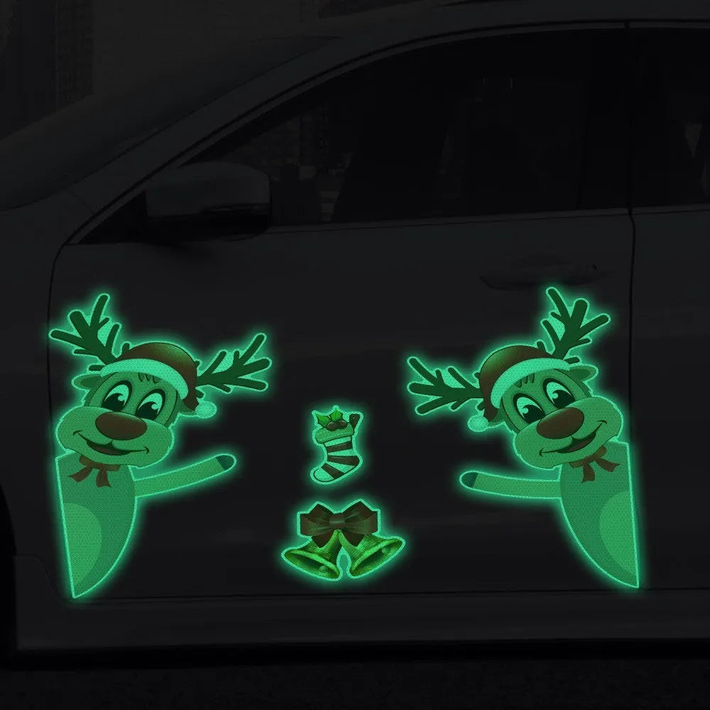 Cartoon Christmas elk and bell design magnetic bumper stickers with reflective and luminous properties.