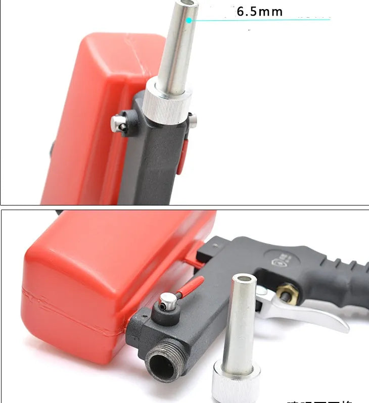 Portable black gravity-feed pneumatic sandblasting gun with a sand tank and trigger.