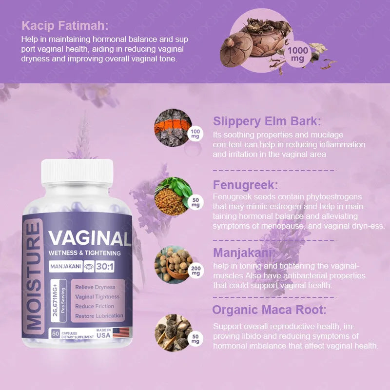 Bottle containing 60 vaginal capsules for women's intimate care supplement