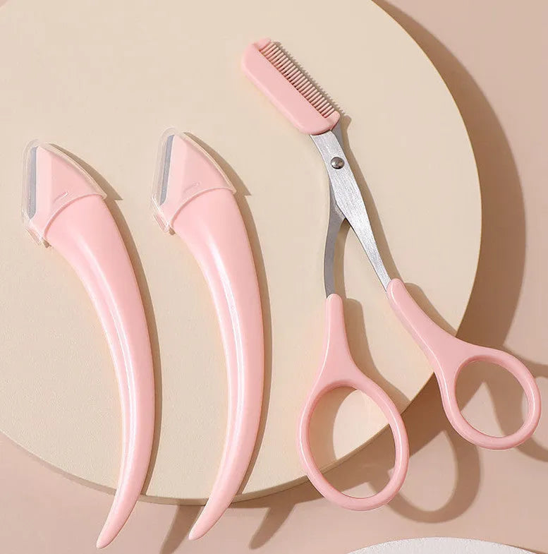 Curved moon eyebrow trimming knife set with comb in stainless steel and plastic