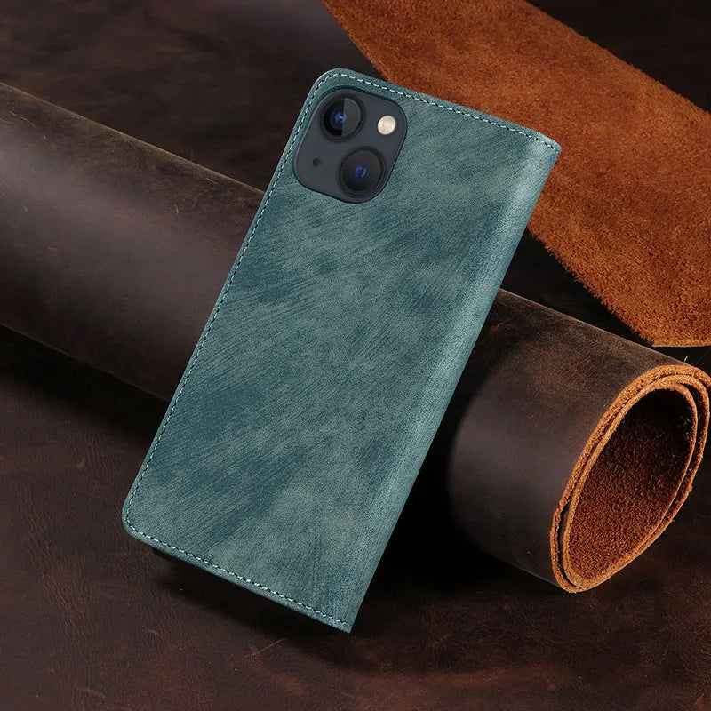 Magnetic leather and TPU flip phone case for iPhone shown in black, blue, and brown colours.