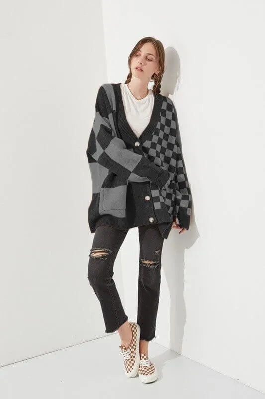 Loose fit cardigan with printed checks pattern in multiple colour options including grey, maroon and peacock blue