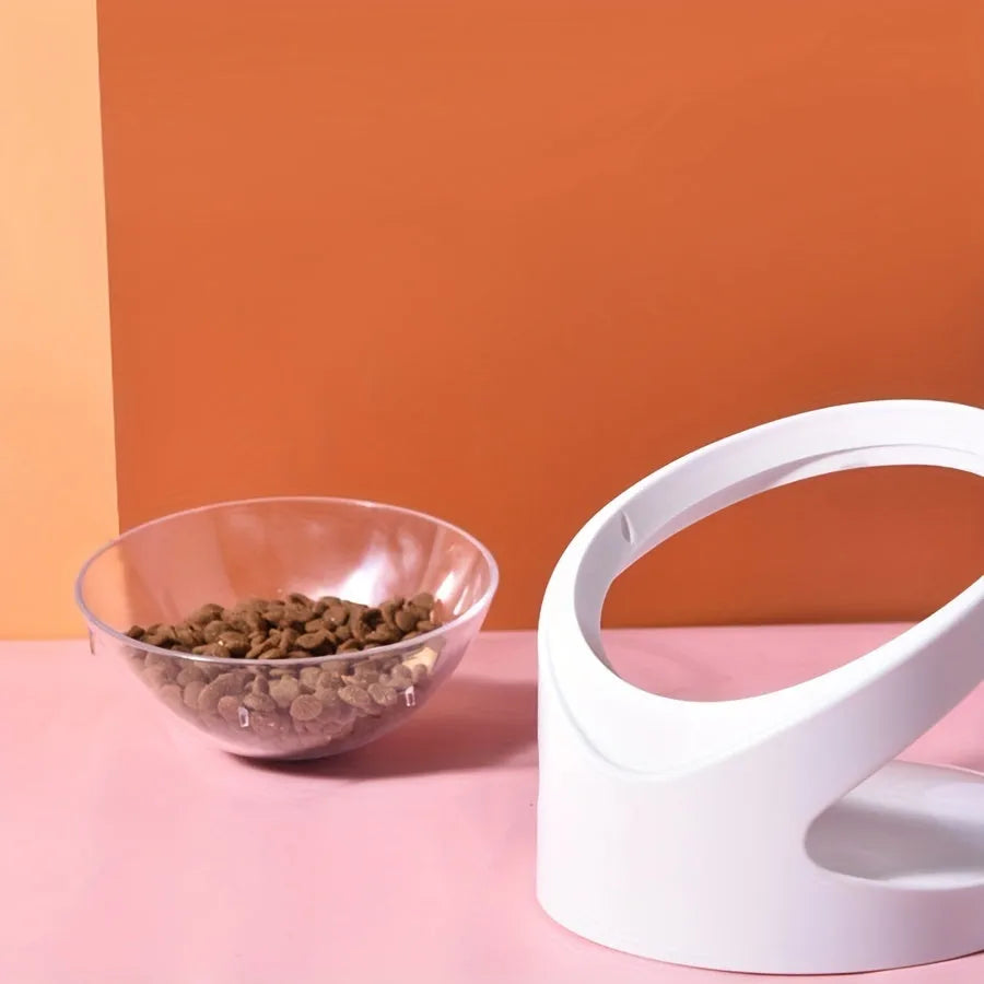 White elevated clear plastic cat food bowl with tilt design for dry and wet food