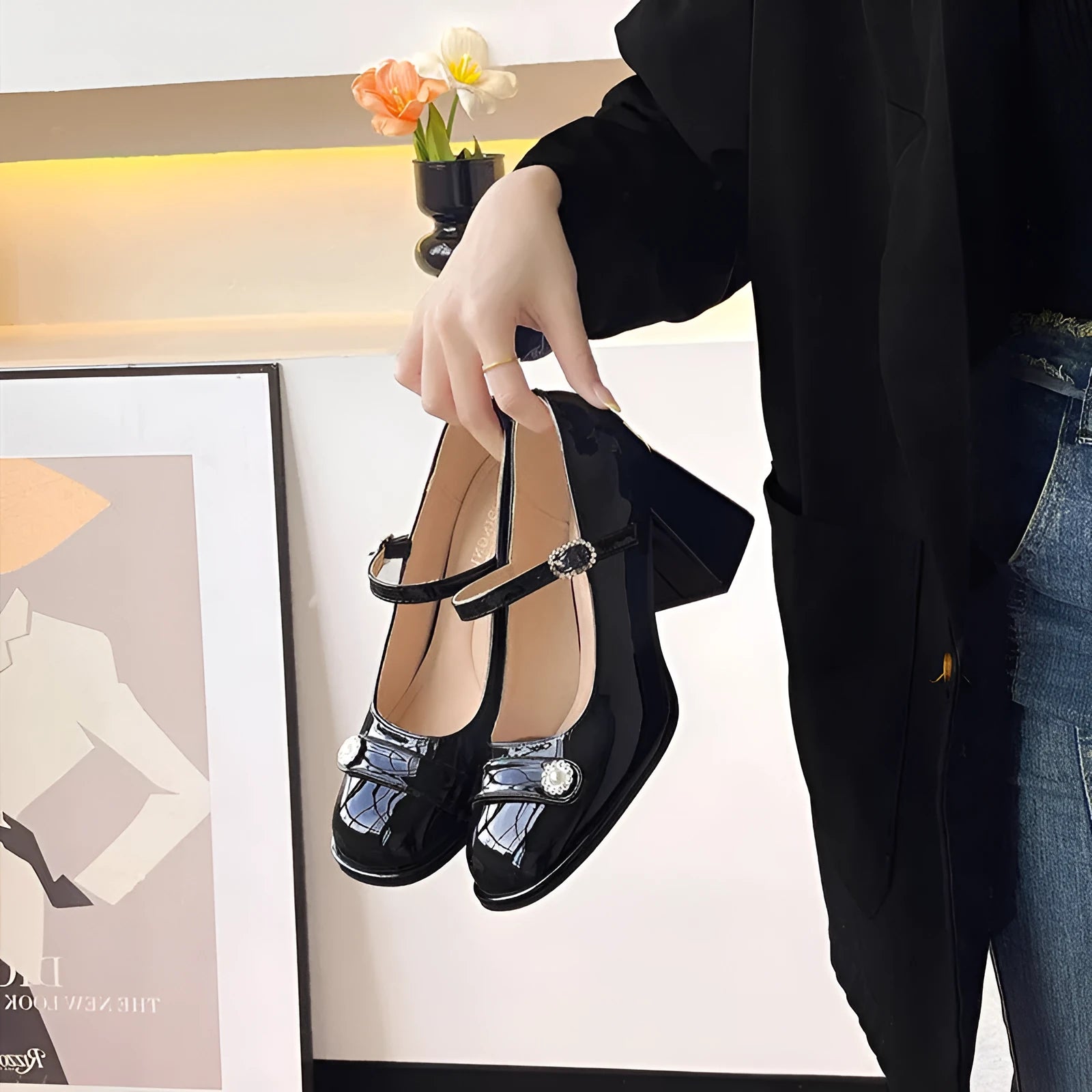 Women's patent leather chunky heel shoes with round toe and buckle strap in black or apricot, available in wide fit and sizes 30-45