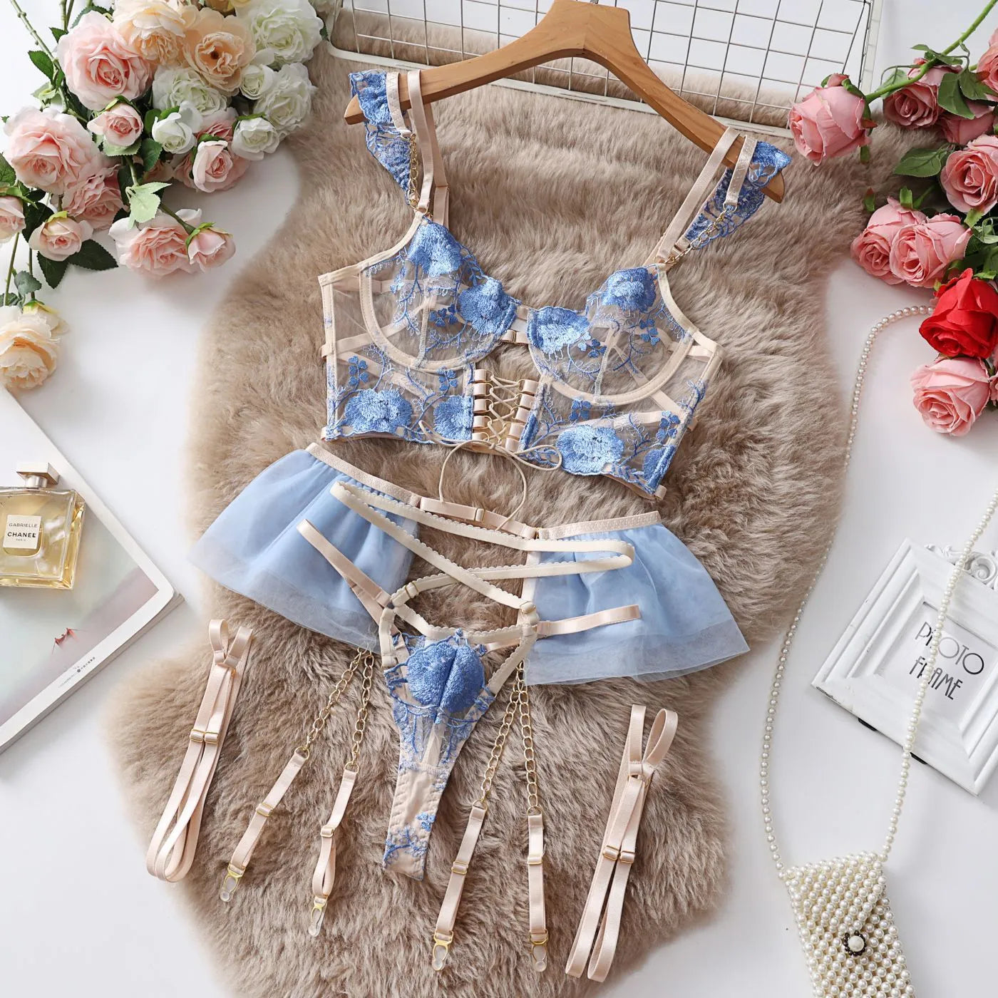 Light blue embroidered mesh lace push up bra set with matching pants