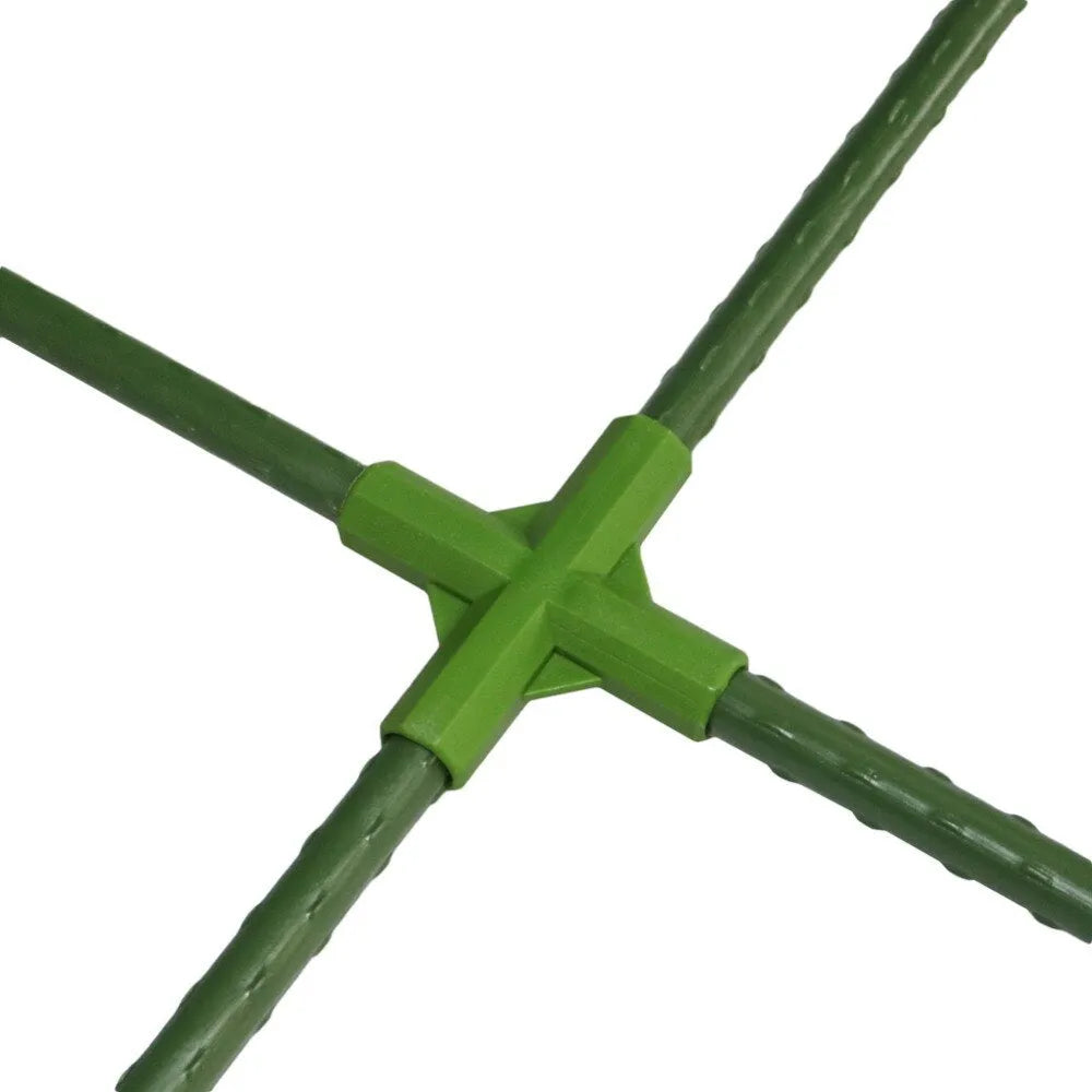 Two plastic plant support connectors with three-way and four-way joints for garden stake pillars
