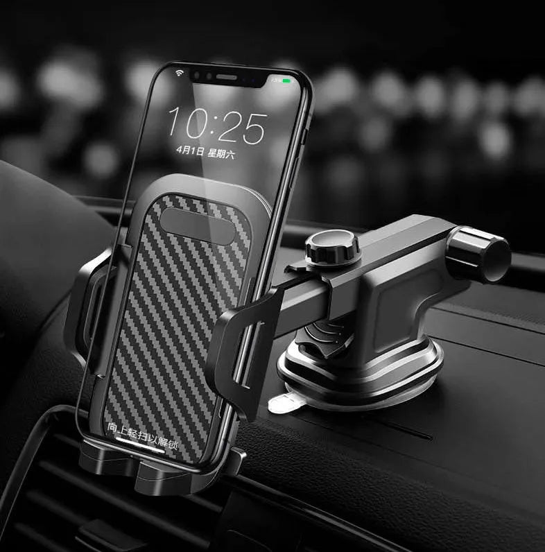 Black car phone holder with adjustable clamp for mobile devices between 4 and 7 inches