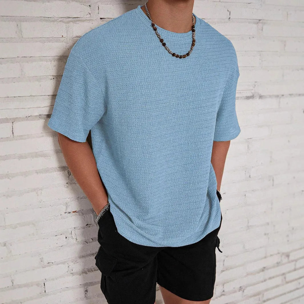 Men's slim fit polyester t-shirt with loose hollow knit design in light blue colour