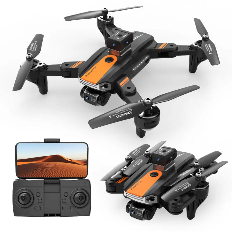 Orange quadcopter drone with four propellers and dual cameras showing obstacle avoidance sensors