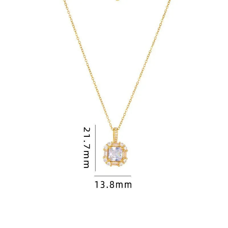 Women's geometric quadrilateral pendant necklace with mixed gemstone inlay on gold titanium steel chain