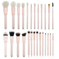 26 piece pink makeup brush set with wooden handles in a PU storage bag