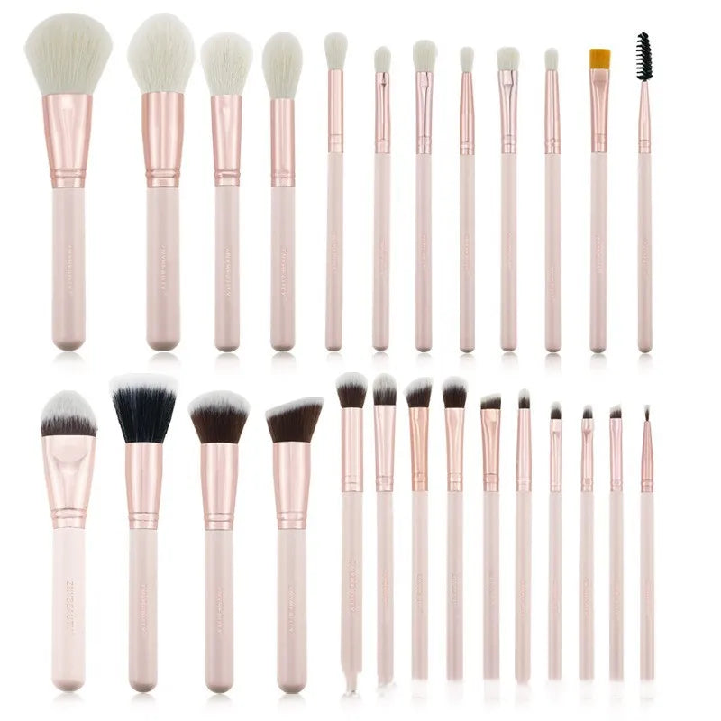 26 piece pink makeup brush set with wooden handles in a PU storage bag