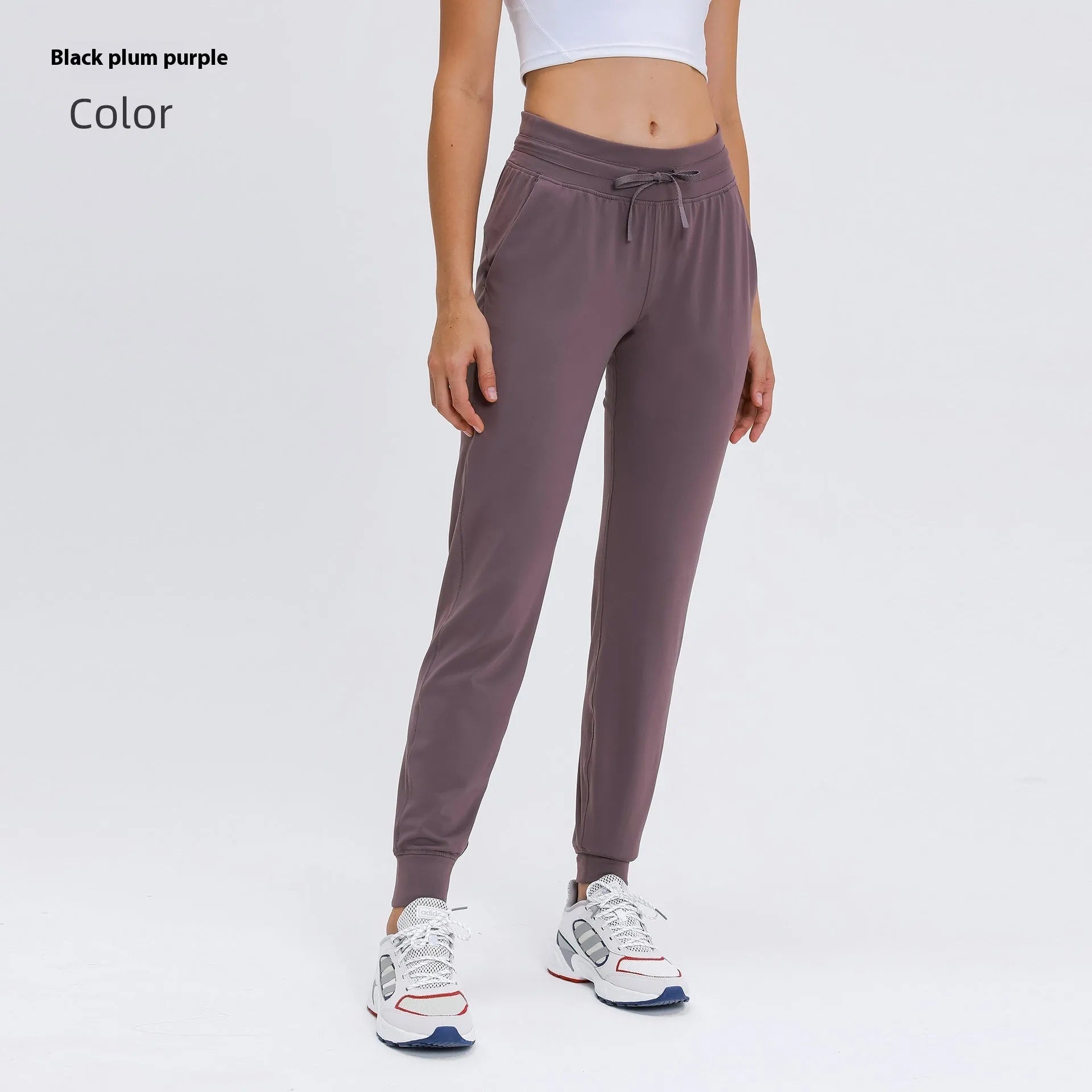 Women's high waist yoga pants in cotton blend fabric with drawstring waist in Belgian Blue colour