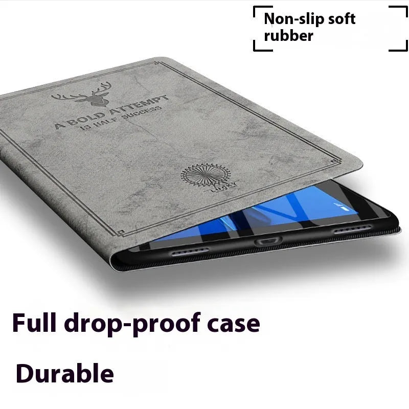 Deer soft shell clamshell protective case for iPad in black elk colour, showing front cover standing feature.