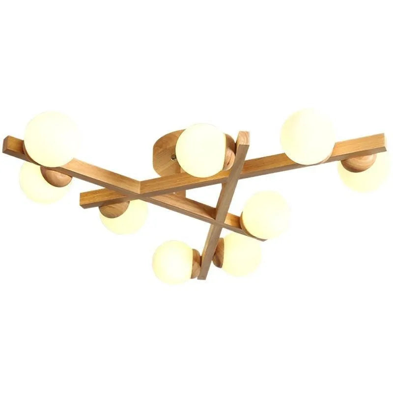 Wooden style modern ceiling light with three neutral light heads in Nordic design