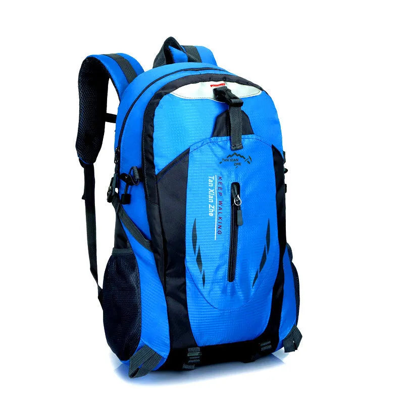 Large green Oxford cloth outdoor backpack with double straps, showing laptop compartment and ID holder.