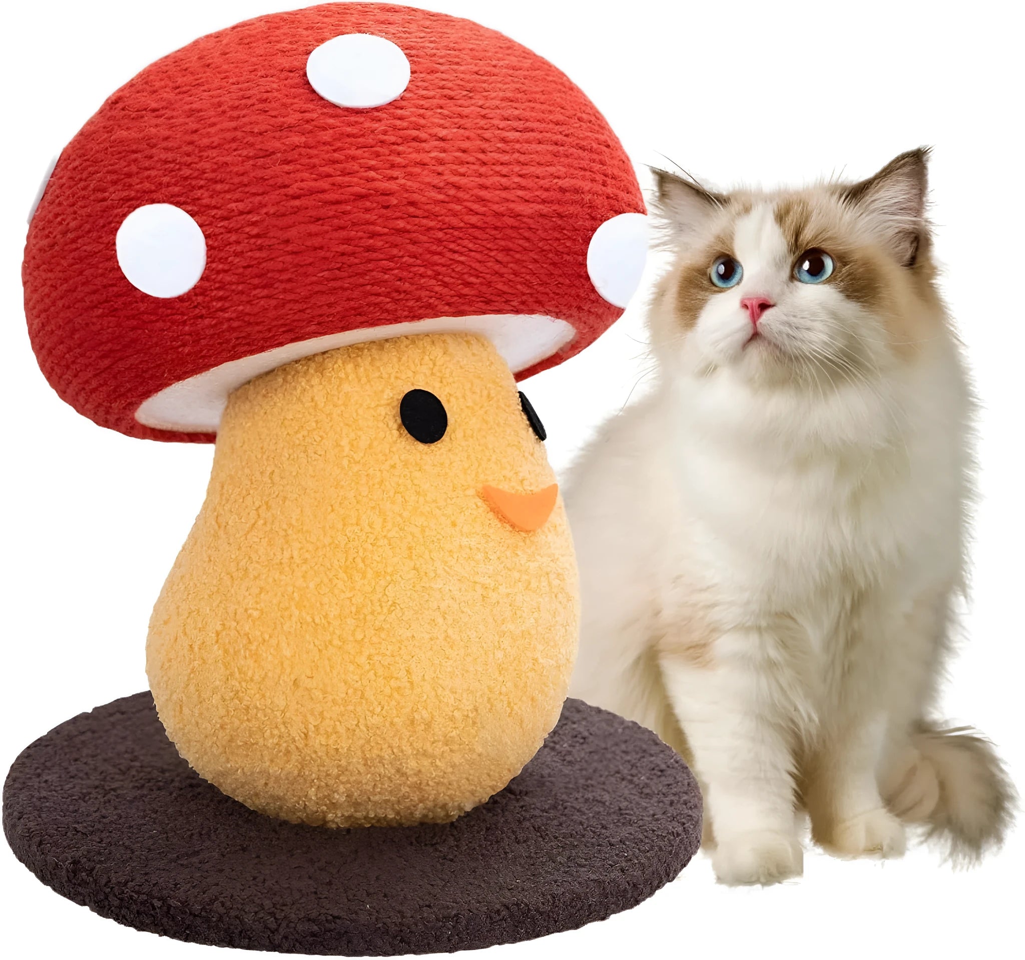 Round mushroom-shaped cardboard cat scratcher with foldable accordion design for furniture protection
