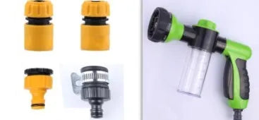 Green high pressure foam spray gun with adjustable nozzle for car washing and household cleaning.