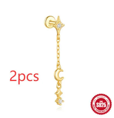 S925 sterling silver geometric earrings with moon and embedded star design in gold colour