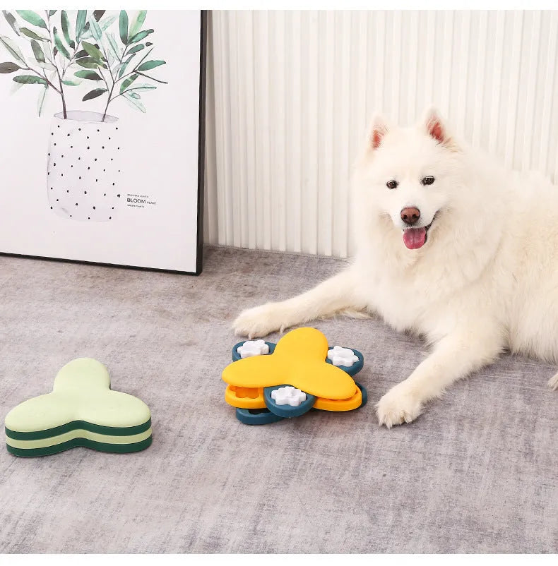 Green and yellow dog puzzle toy slow feeder with 9 compartments and bone-shaped covers