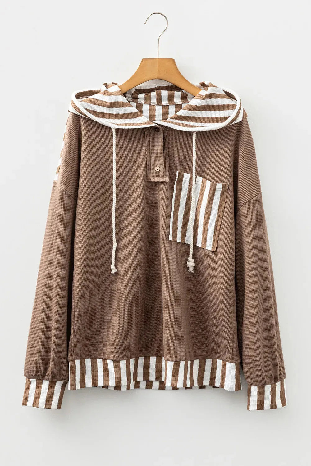 Straw yellow striped patchwork hoodie with button neck and drawstring hood in waffle texture fabric