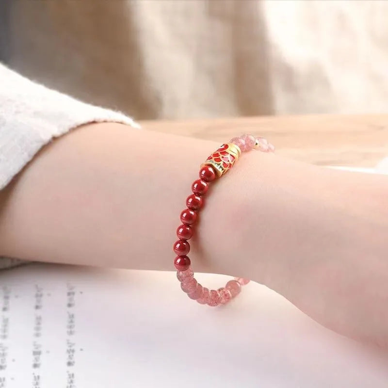 Purple cinnabar and strawberry quartz lucky bead bracelet with peach blossom charm on adjustable cord