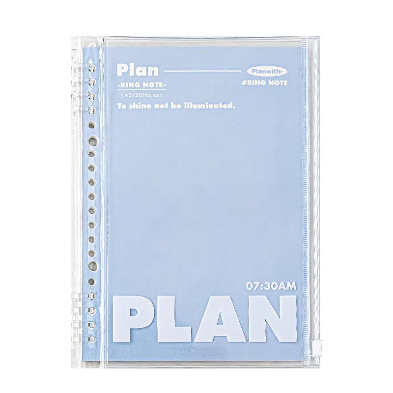 Blue and white A5 PVC spiral notebook showing spiral binding and water-resistant cover.