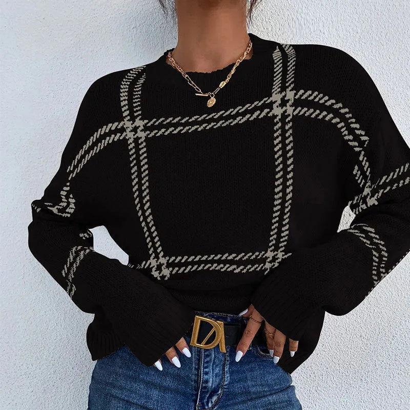 Women's loose fit acrylic sweater with plaid colour-block pattern in apricot black beige stripes red green colours