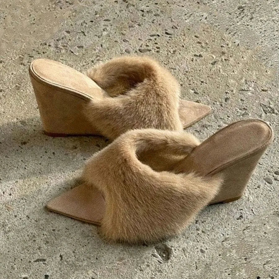 French casual wedge slippers in apricot with artificial plush upper and rubber sole