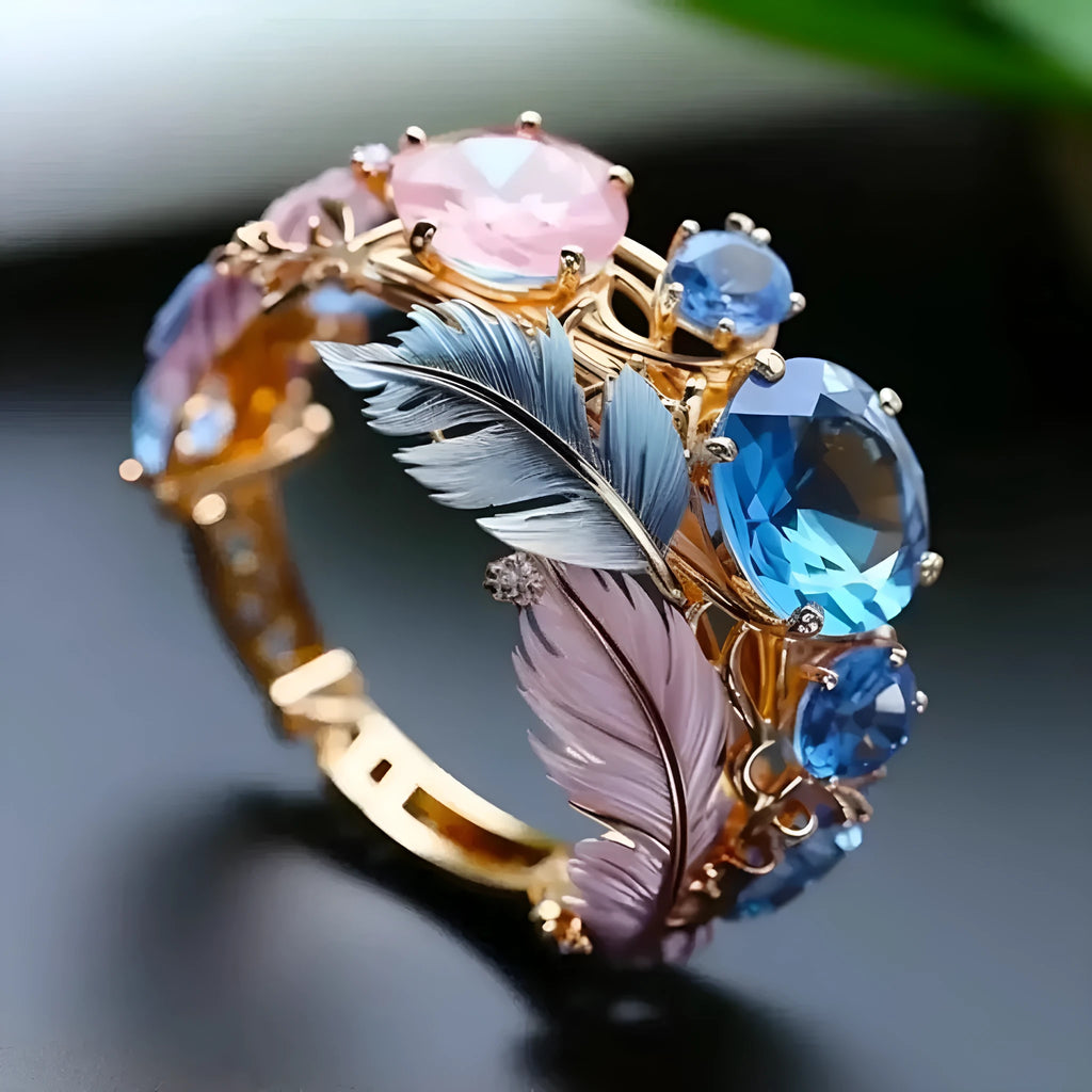 Gold colour embossed feather brass ring with zircon inlay detail showing textured surface