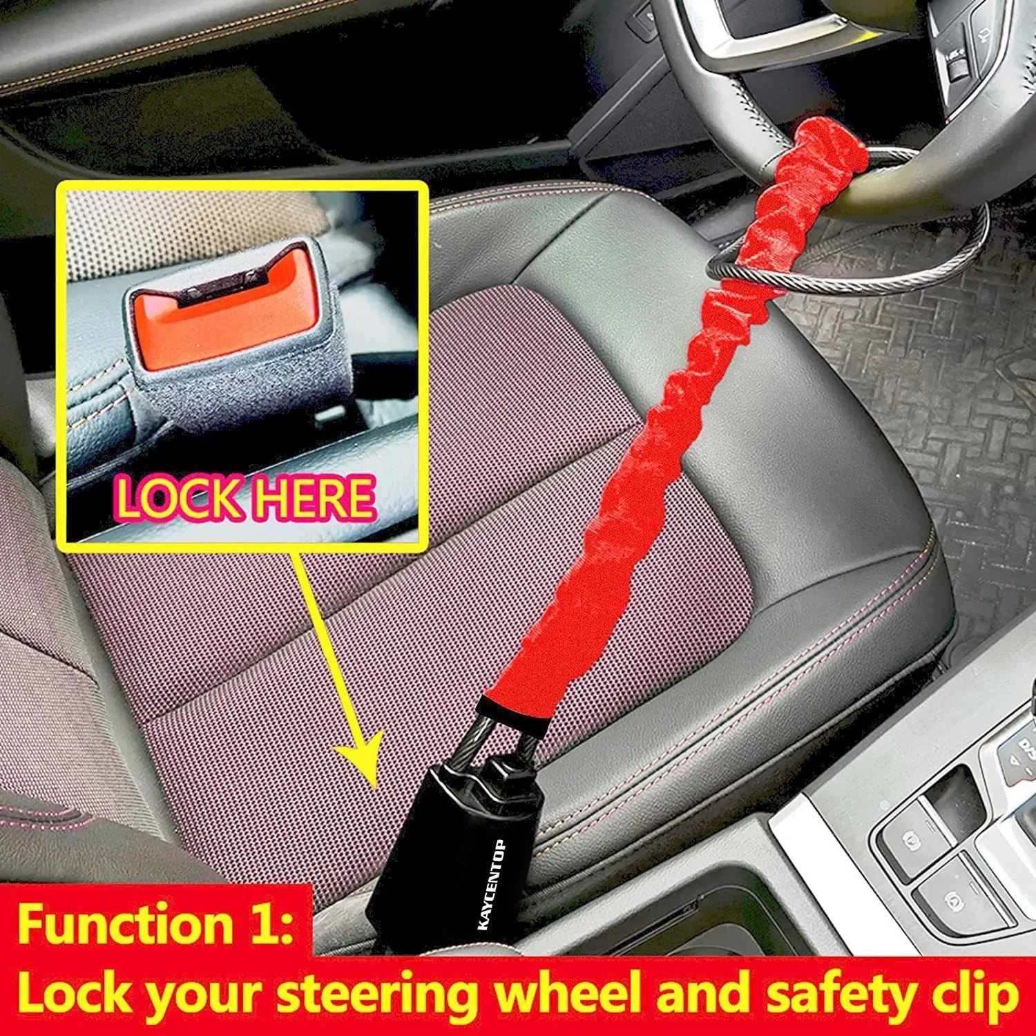 Red iron steering wheel lock with cable design for General Motors cars showing 33cm size
