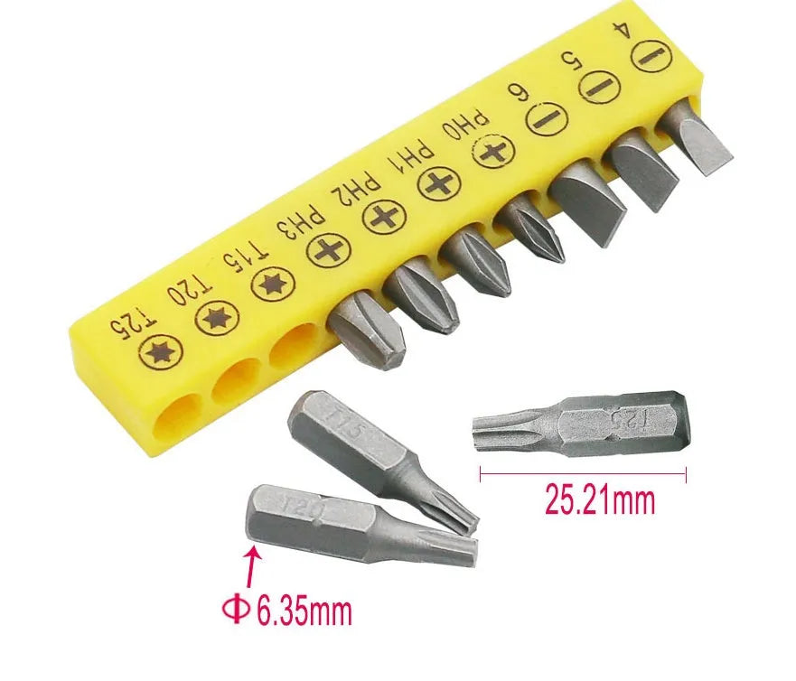 L-type double-headed socket wrench set with 10 steel screwdriver bits on grey background