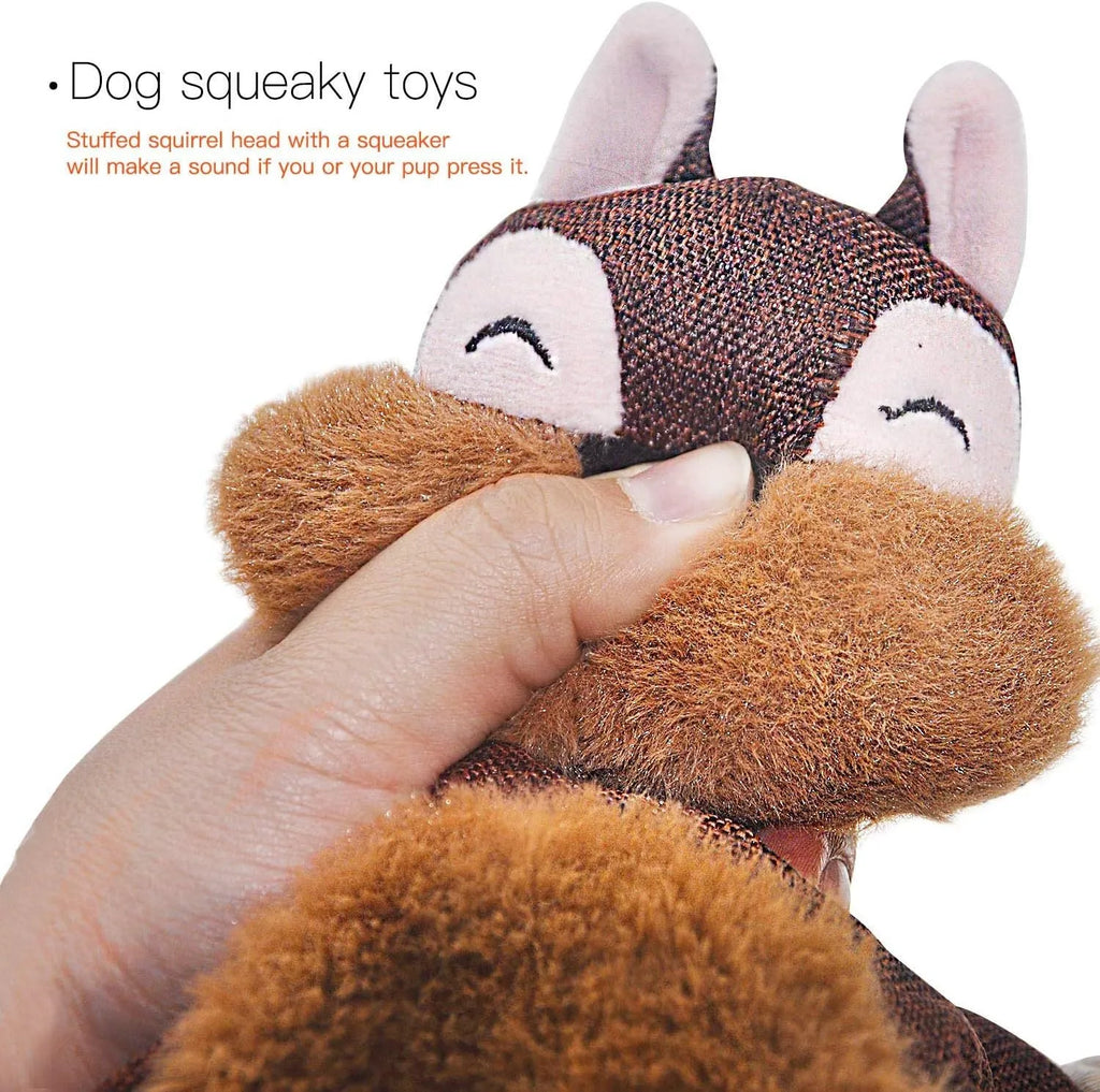 Brown fox-shaped dog toy with squeaker in head, crinkle paper body, and rope arms and legs
