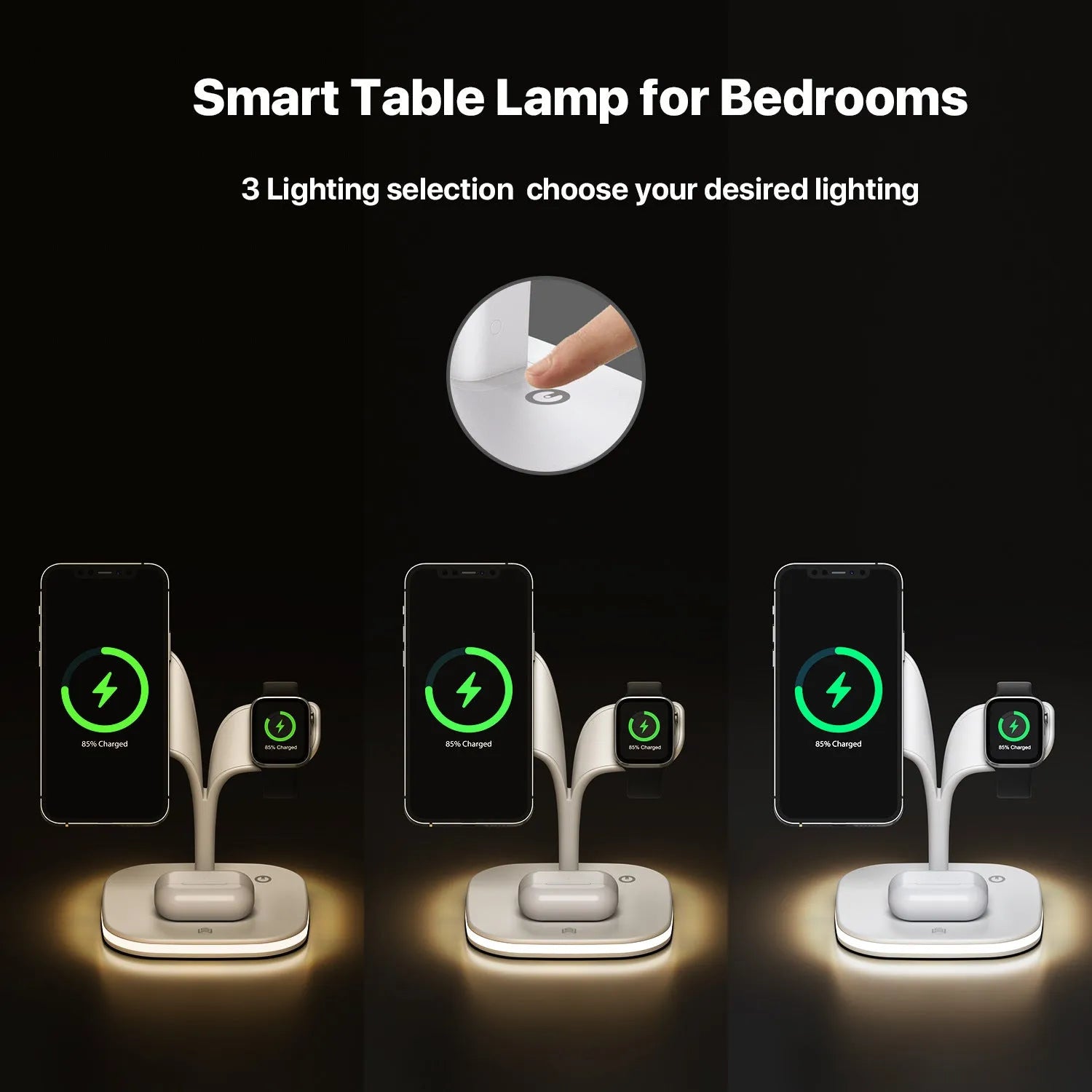 Black 3-in-1 wireless charging stand for phone, watch and headphones on a desk