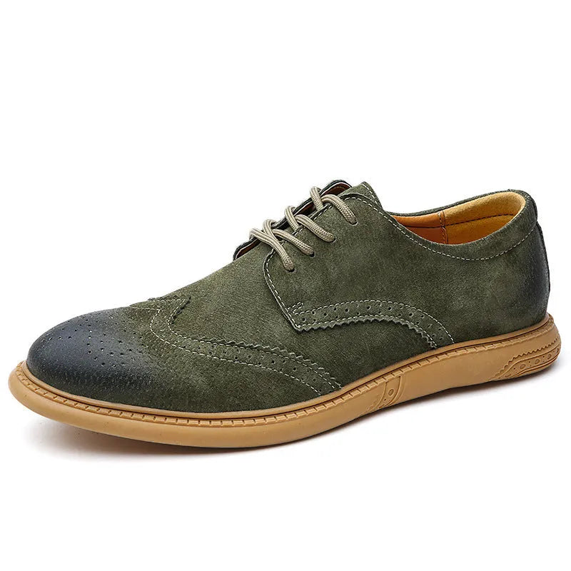 Men's grey low-top leather business shoes with lace-up design and non-slip rubber sole.