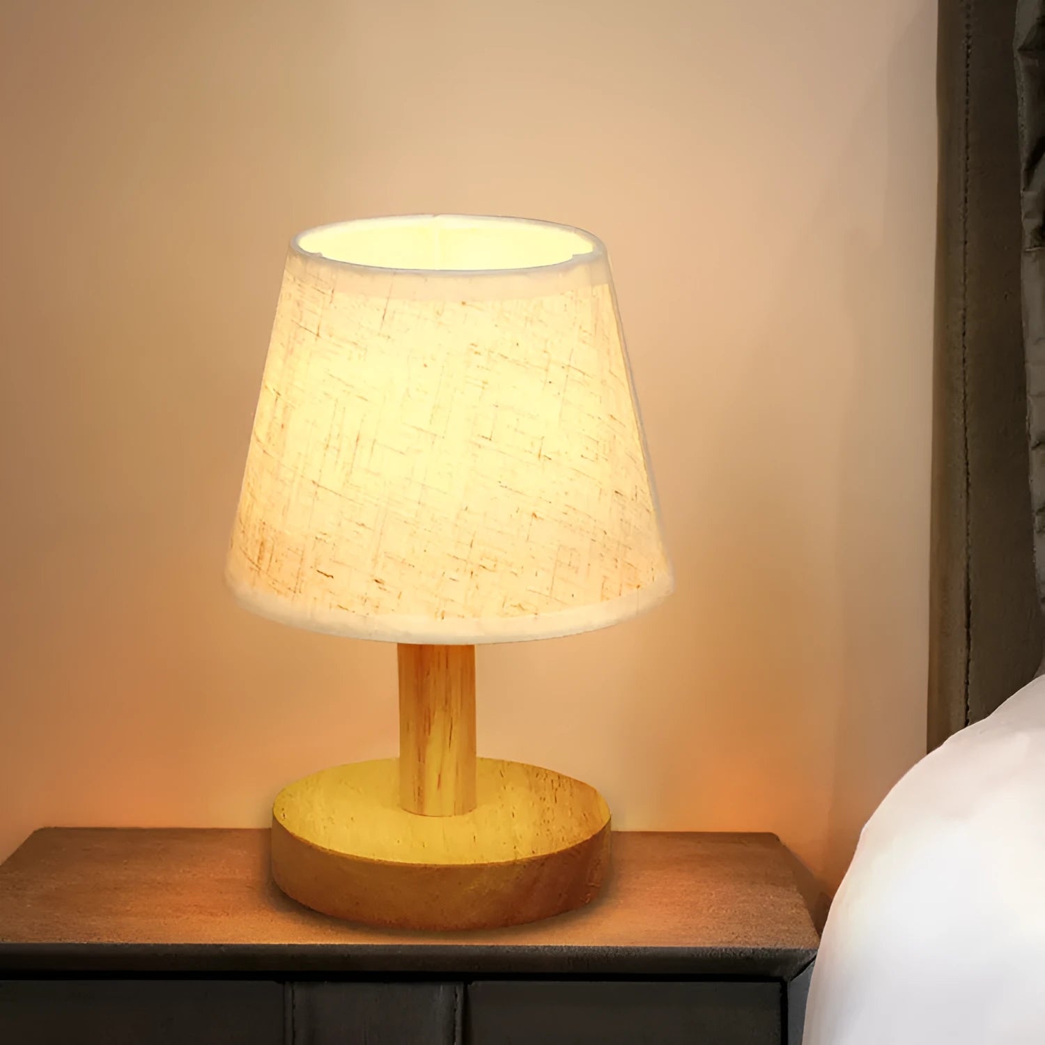 Vintage pleated table lamp with linen jute shade and bamboo holder