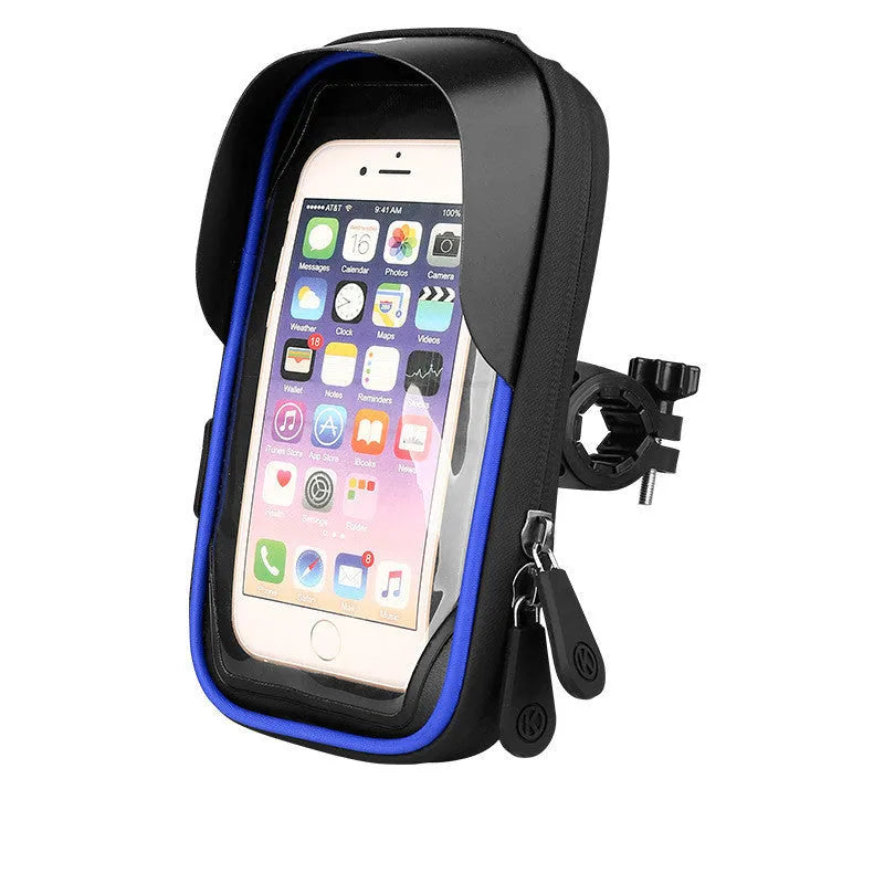 Waterproof bicycle mobile phone holder showing laminated zipper and TPU touchscreen panel